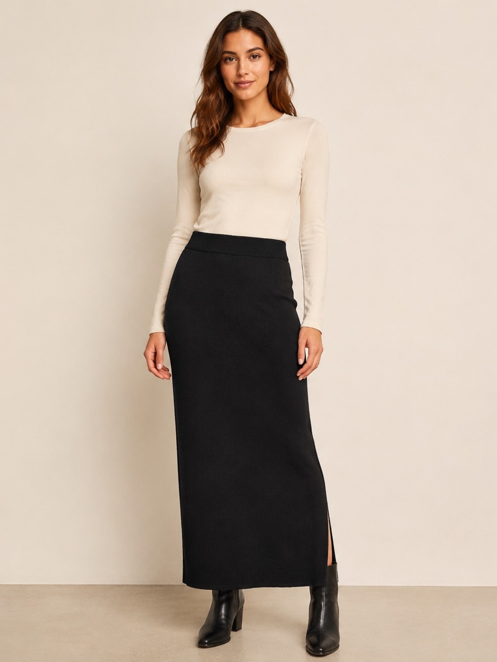 Mahina Black Ribbed Knit Maxi Pencil Skirt Side Slit Size Medium